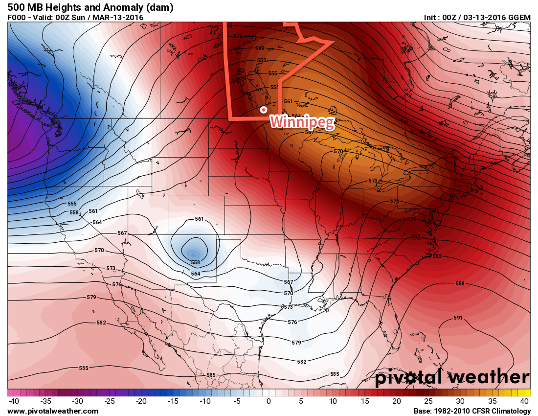 GDPS 500mb height anomalies valid the evening of Saturday March 12, 2016