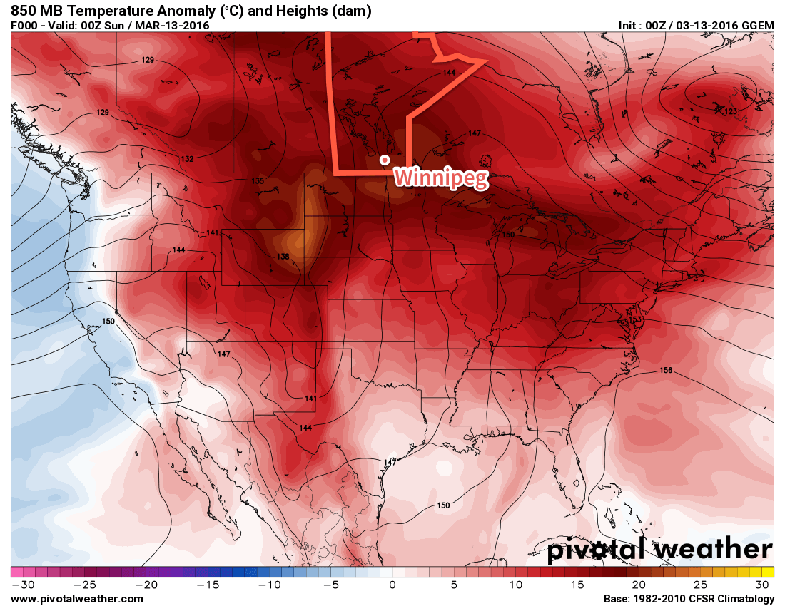 GDPS 850mb temperature anomalies valid the evening of Saturday March 12, 2016