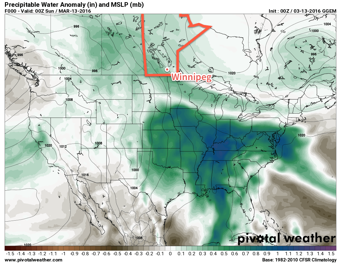 GDPS precipitable water anomalies valid the evening of Saturday March 12, 2016