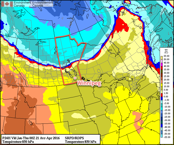 GDPS 850mb Temperature Forecast valid 00Z Thursday April 21, 2016