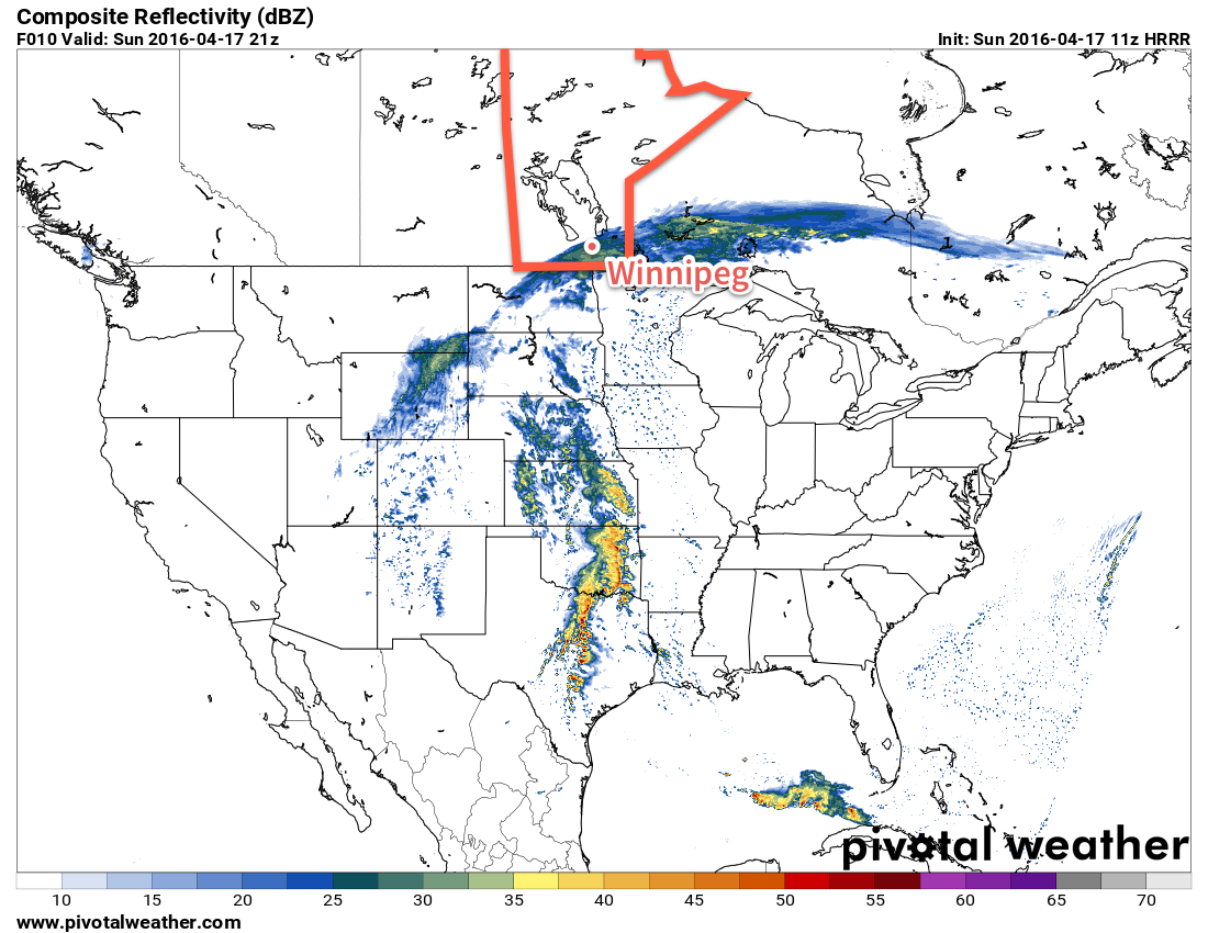 HRRR Simulated Reflectivity valid 21Z Sunday April 17, 2016