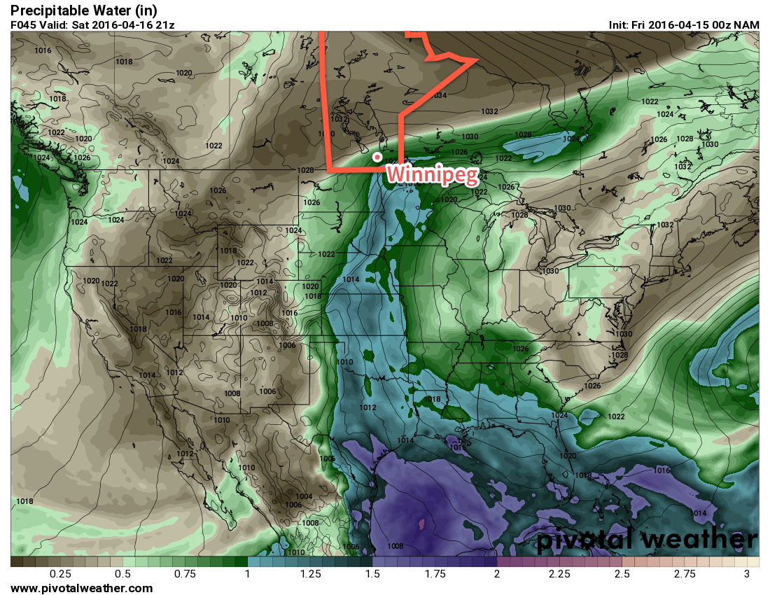 Precipitable Water values valid 21Z Saturday April 16, 2016