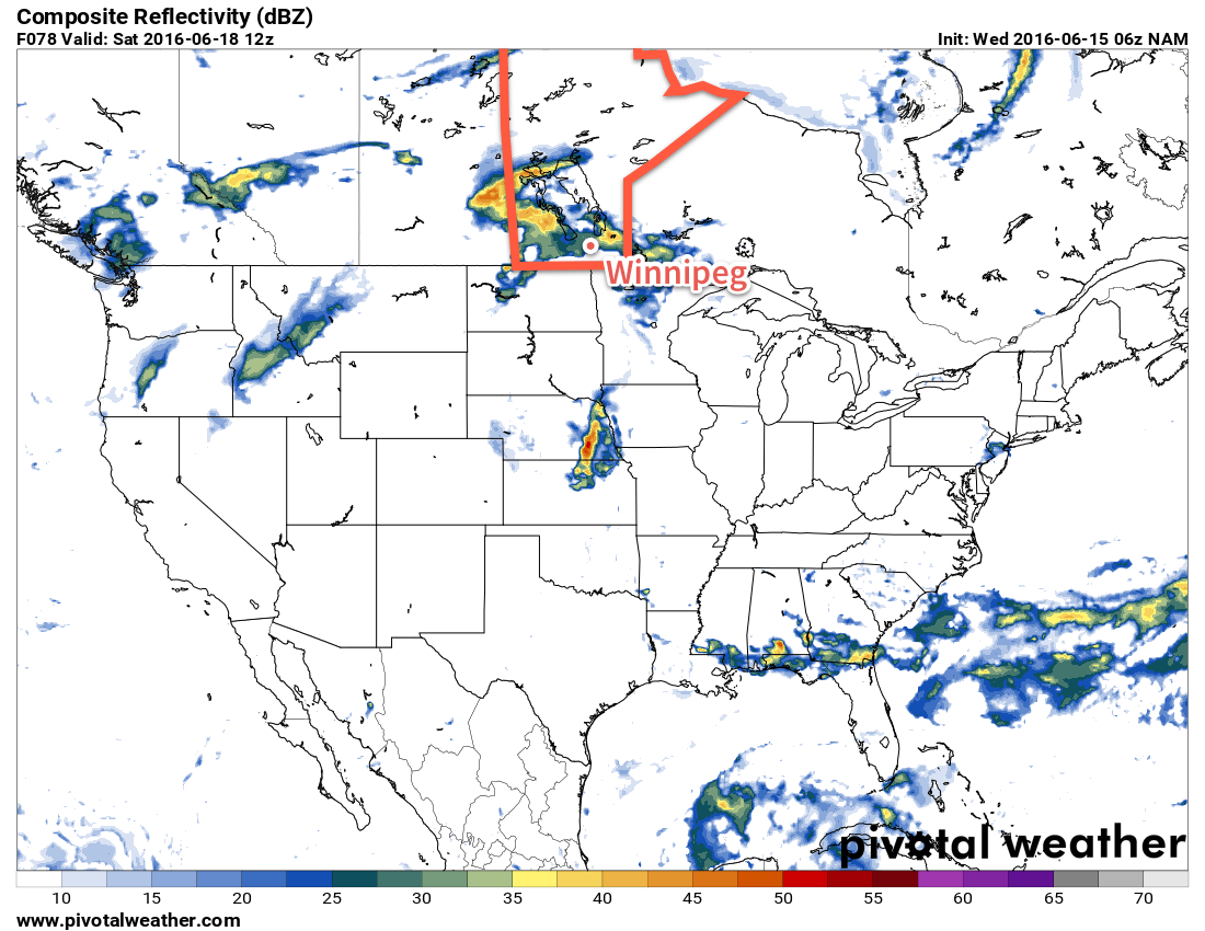 This simulated RADAR image shows precipitation moving through the Red River Valley on Friday night.