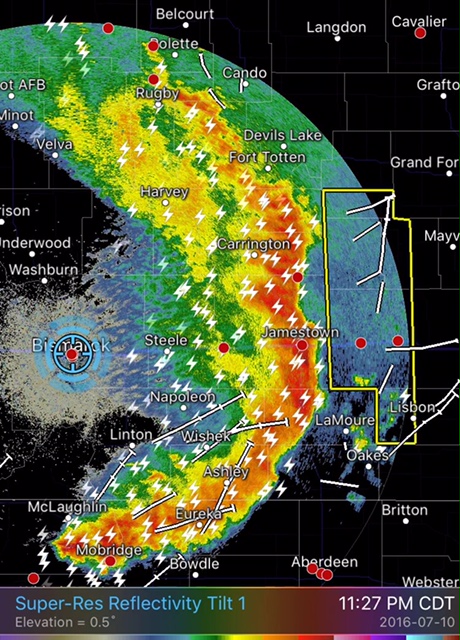A bow echo raced across central ND as storms consolidated into a line by late evening.