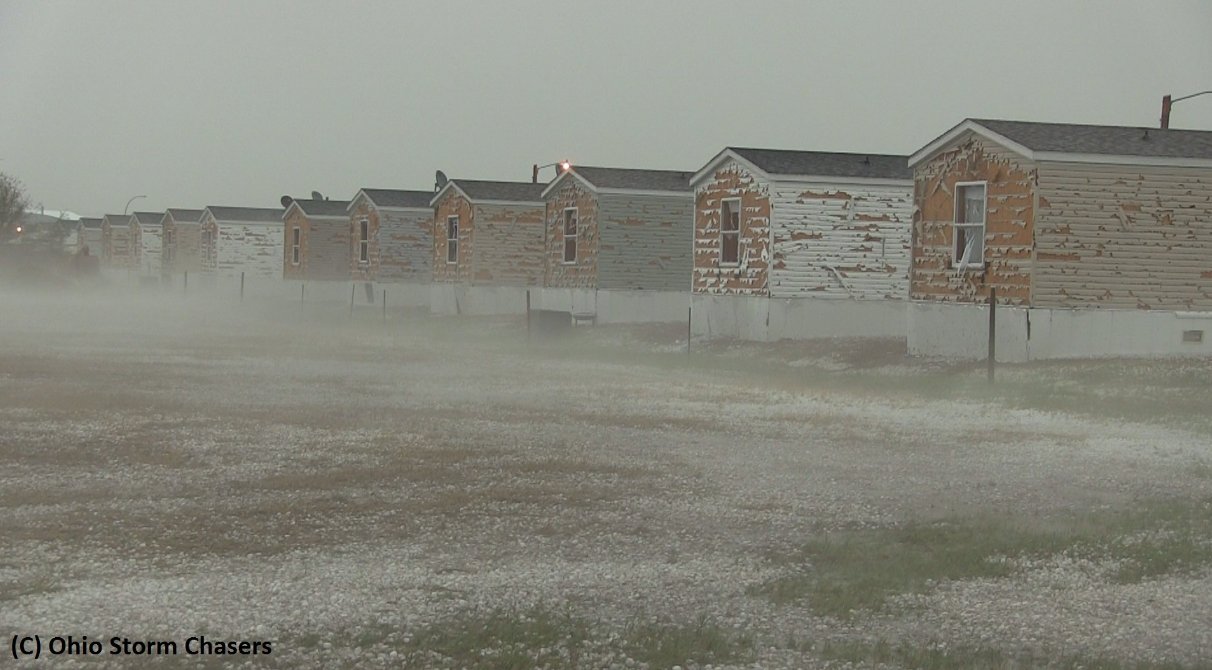 Picture taken right after the hailstorm in Killdeer shows the extensive damage that wind-driven baseball sized hail causes. Windshields of cars were blown out as well as windows and siding destroyed in Killdeer. (Source: Ohio Storm Chasers//Aaron Rigsby)