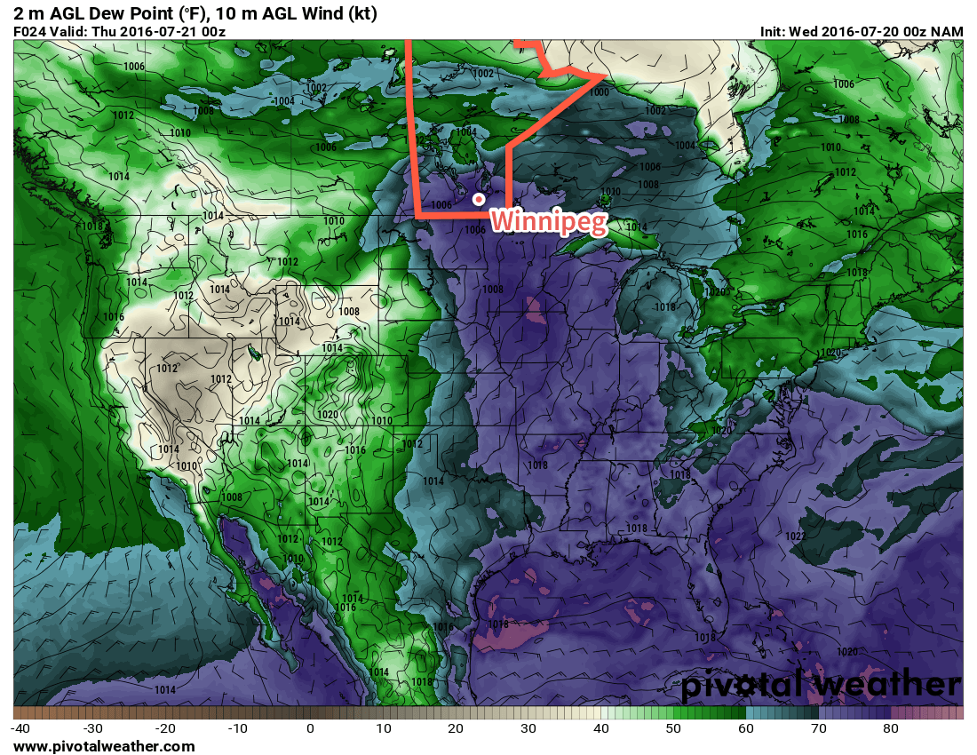Dewpoint values are forecast to rise into the 22-24°C range today, creating oppressive humidity.
