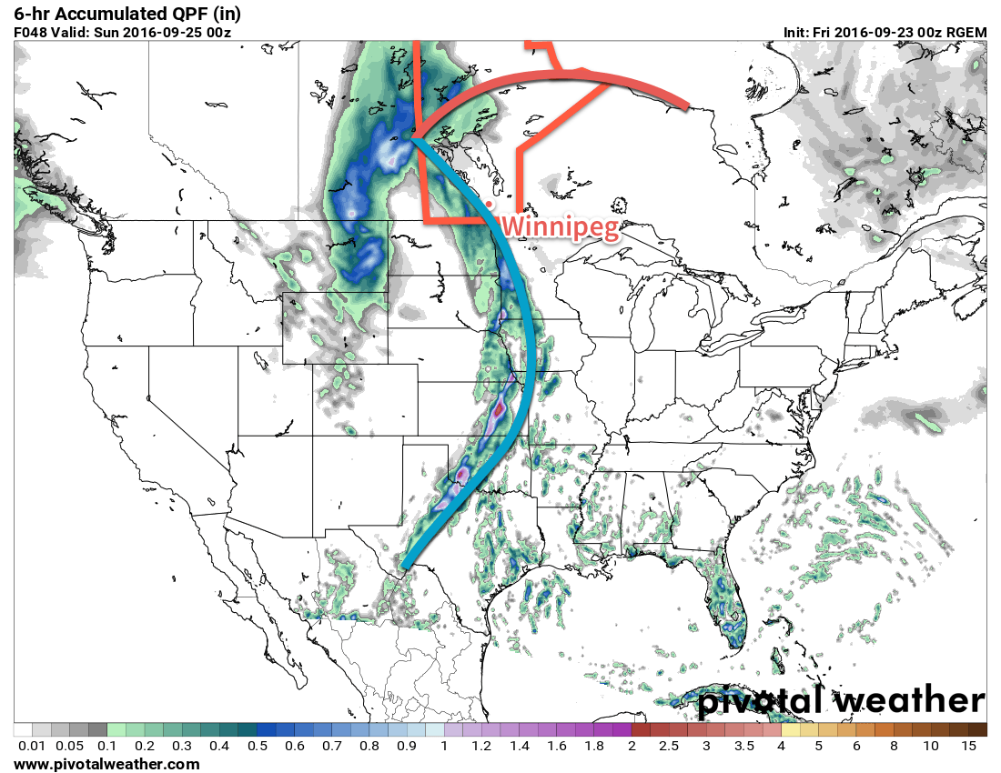 A cold front will push across Southern Manitoba on Saturday as a large low pressure system lifts to the northeast.