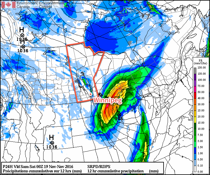 If you look to the northwest of the massive Colorado Low blob, a narrow band of lake-effect snow accumulation can be seen east of Winnipeg.