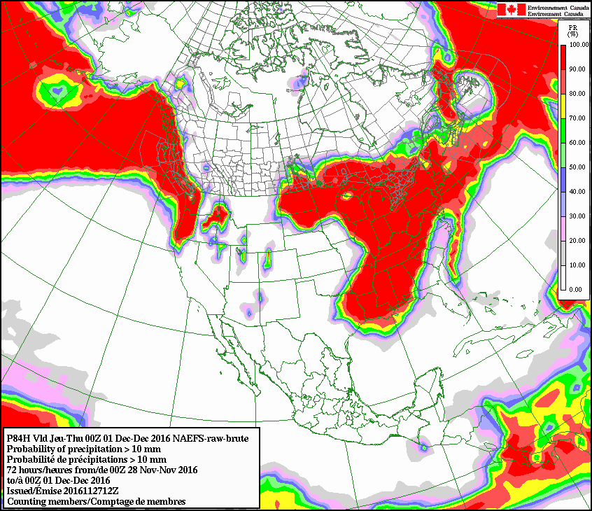 Most of southern Manitoba stands a very high chance of receiving over 10 mm of precipitation with this system (NAEFS graphic).