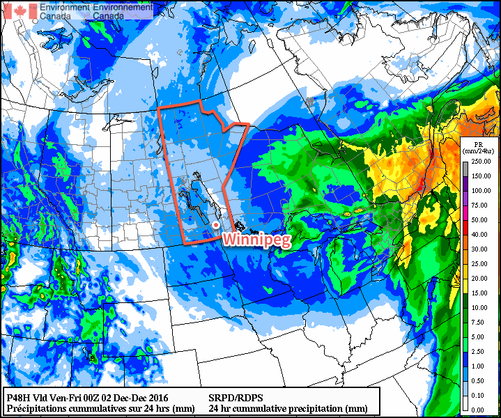 The RDPS forecast shows light snow accumulatiosn across much of Southern Manitoba on Wednesday night through Thursday.