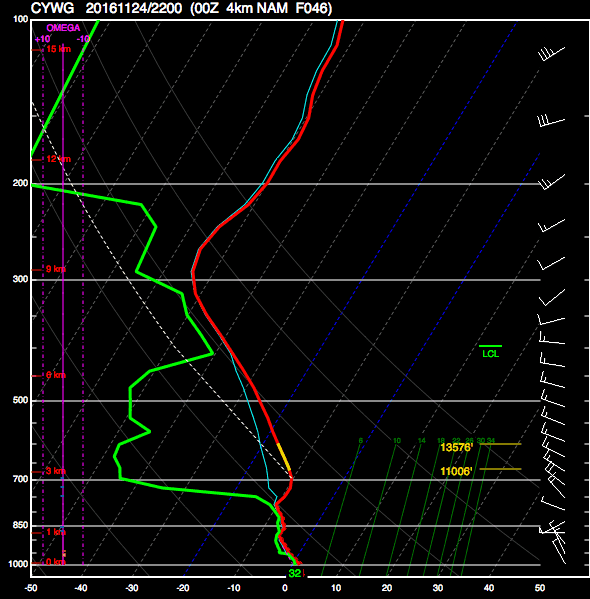 This forecast sounding for Thursday afternoon in Winnipeg shows a deep layer of saturated air in the lower atomosphere.