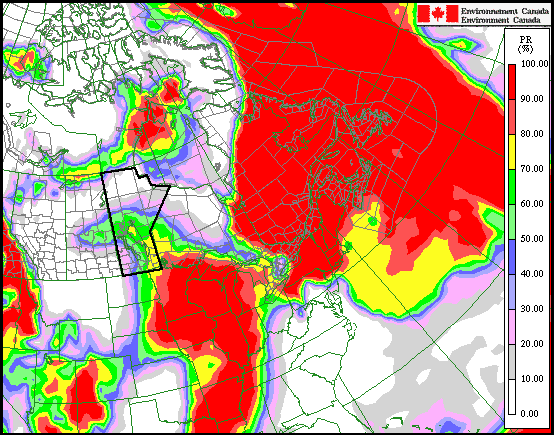 Probability of at least 5 cm of snow according to the NAEFS (ensemble)