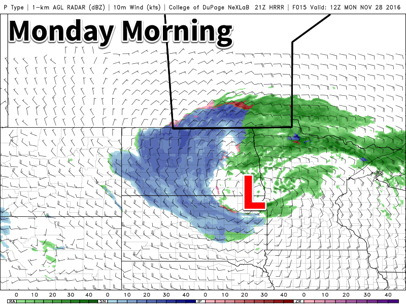A variety of precipitation types will be possible in southern Manitoba today. The map shows areas of rain (green), snow (blue), freezing rain (purple), and ice pellets (red).