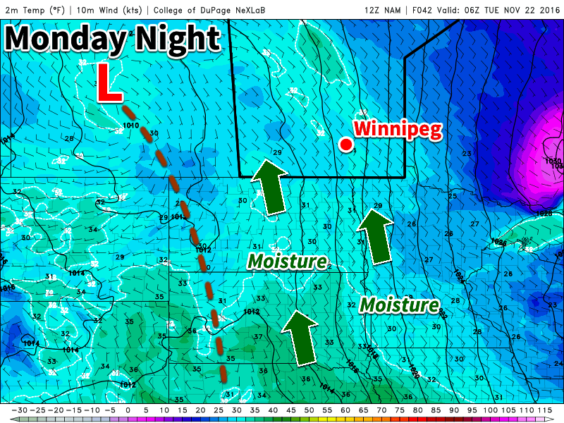 An inverted trough pattern associated with a strong system to our south may help bring snowfall to southern Manitoba