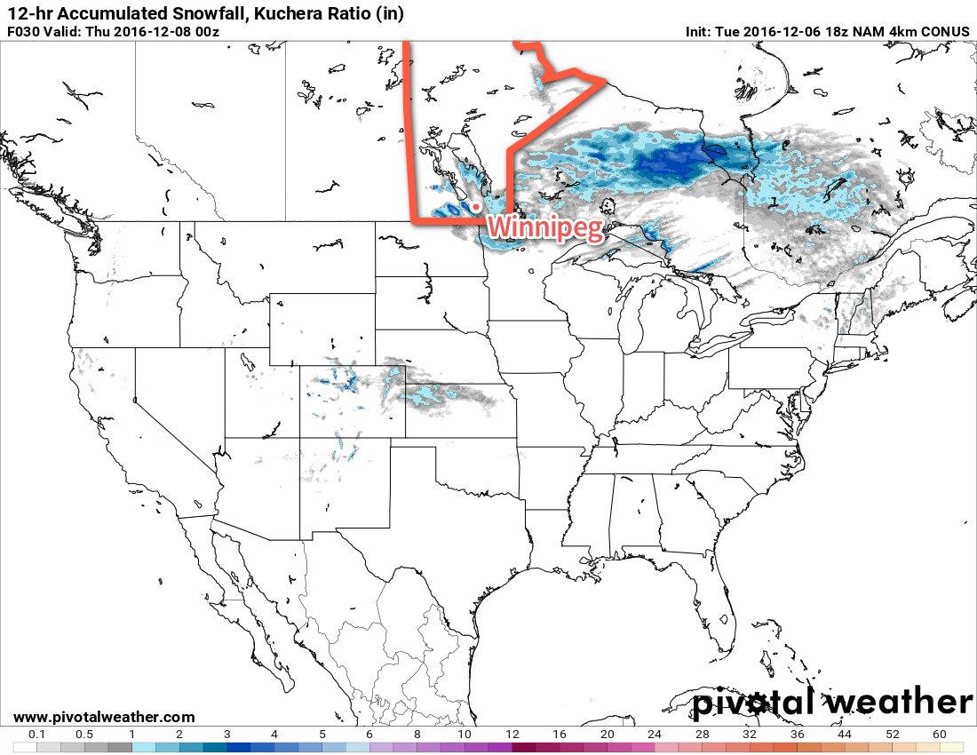 The 4km NAM model shows a narrow band of enhanced snowfall today in the lee of Lake Manitoba, passing just west and south of Winnipeg.
