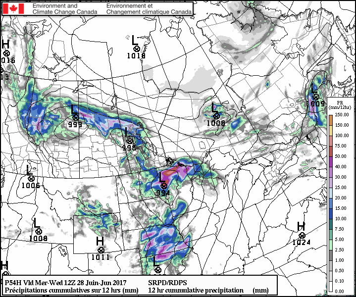 A band of showers and thunderstorms will push across southwestern Manitoba towards the Red River Valley early Wednesady morning