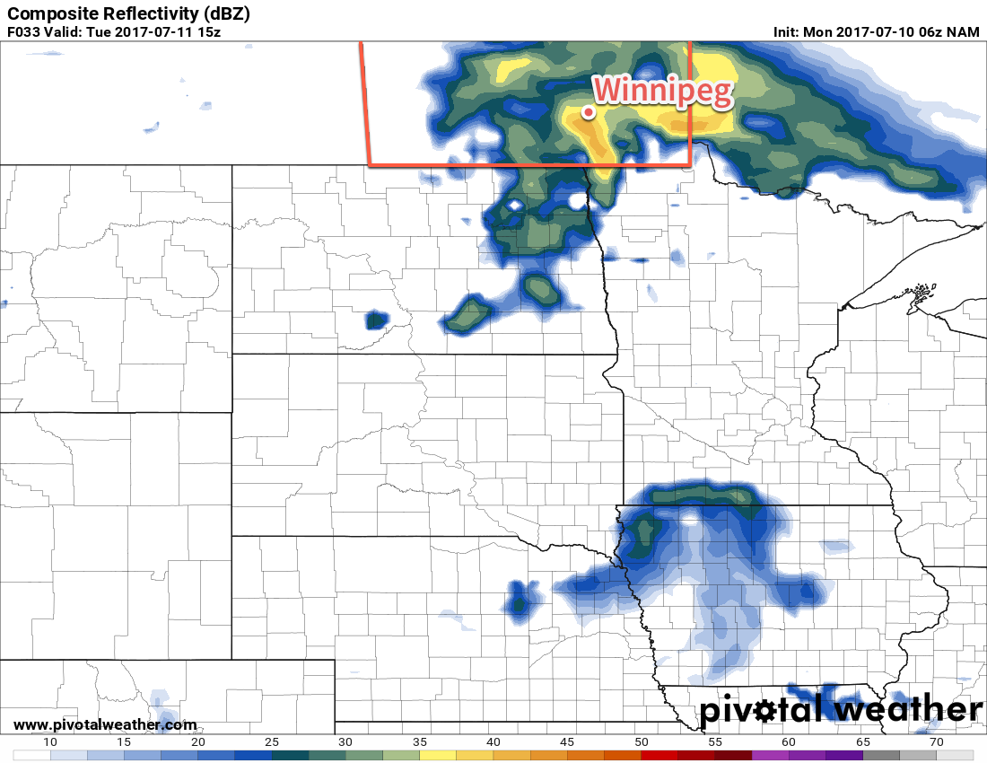 NAM forecast of simulated reflectivity valid  mid-morning on Tuesday July 11, 2017