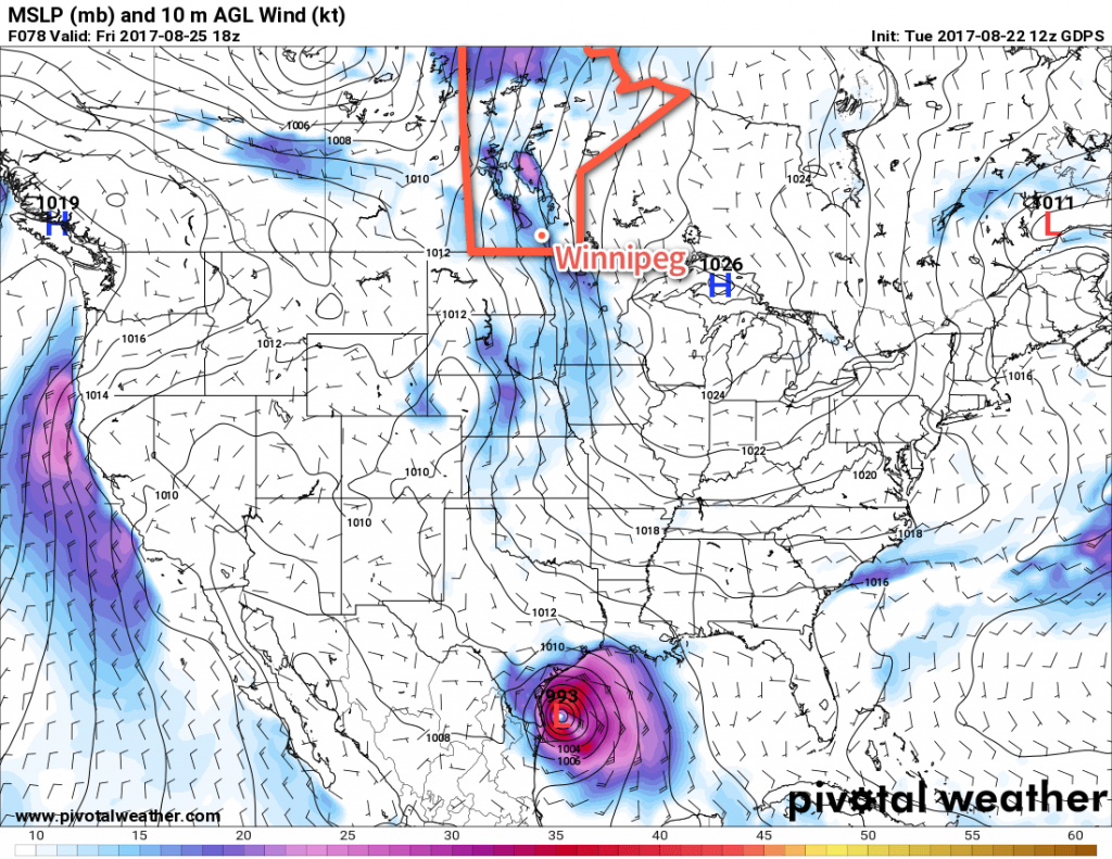 GDPS 10m Wind Forecast valid 21Z Friday August 25, 2017