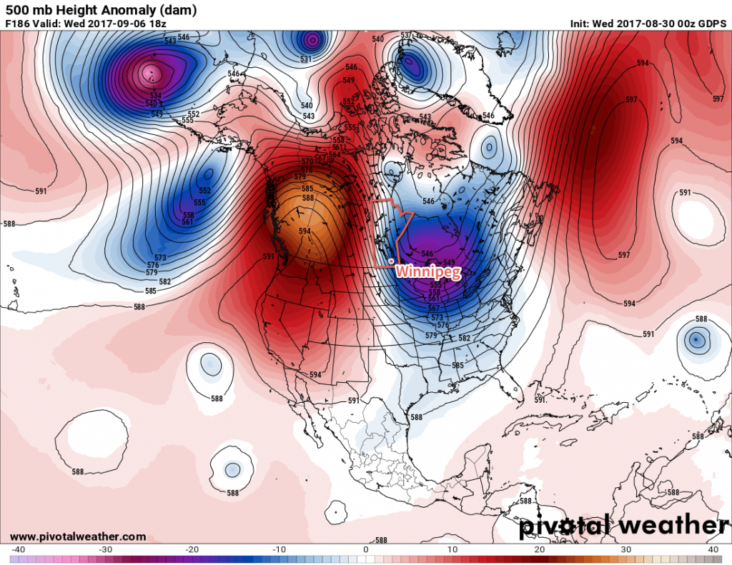 GDPS Forecast 500mb Height Anomaly valid 18Z Wednesday September 6, 2017