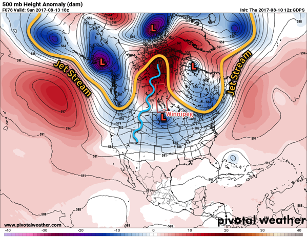 GDPS forecast 500mb heights and height anomalies valid 18Z Sunday August 13, 2017 with weather feature annotations.