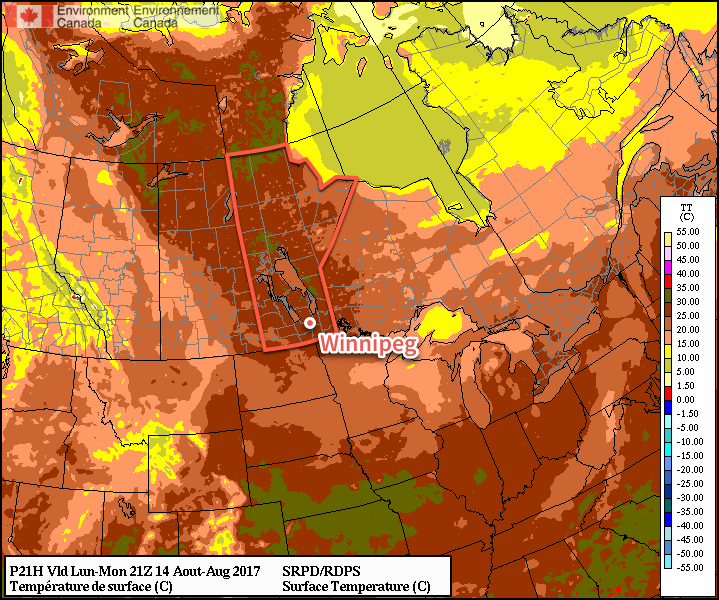 RDPS 2m Temperature forecast valid 21Z Monday August 14, 2017