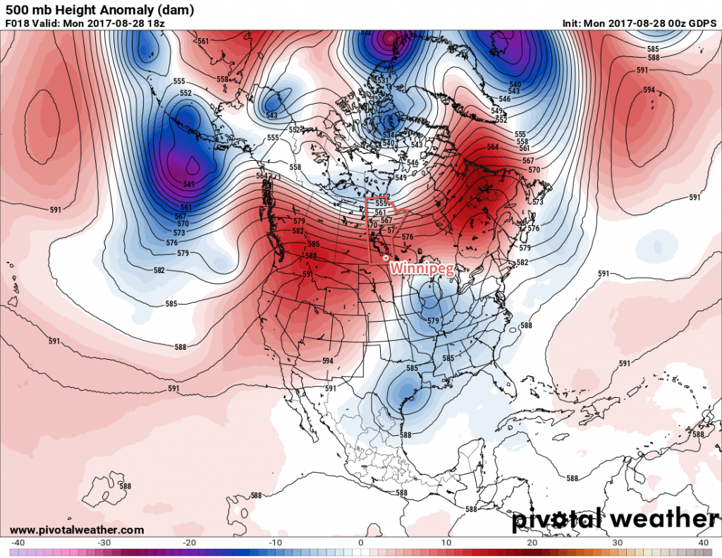 GDPS Forecast 500mb Height Anomaly valid 18Z Monday August 28, 2017