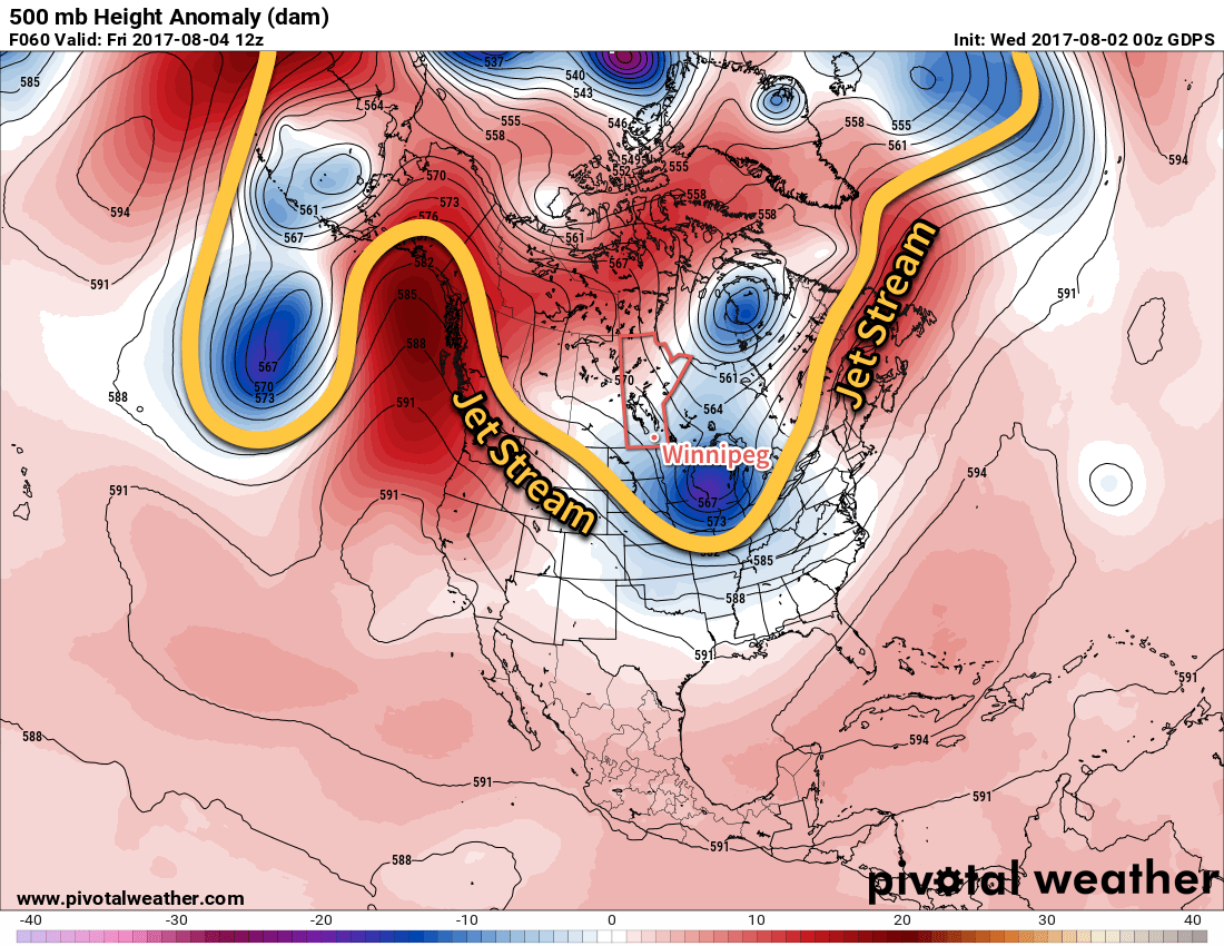 This height anomaly map of the upper atmosphere shows how the jet stream will dive southwards, bringing cooler temperatures to southern Manitoba.