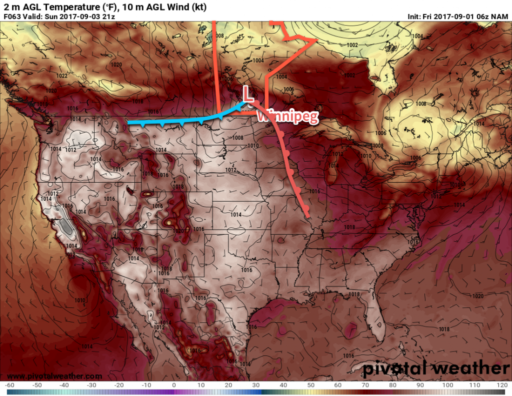 GDPS Surface Temperature Forecast valid 21Z Sunday September 3, 2017 with annotations