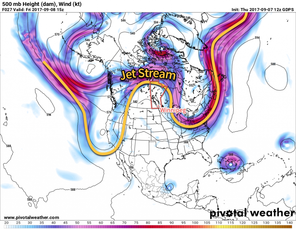 500mb Winds with Jet Stream Annotation valid 15Z Friday September 8, 2017