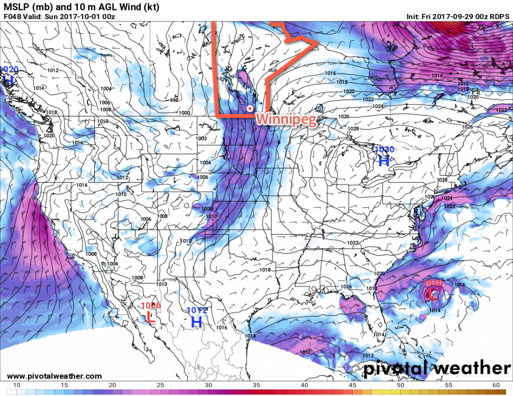 RDPS 2m Wind Forecast valid 00Z Sunday October 1, 2017