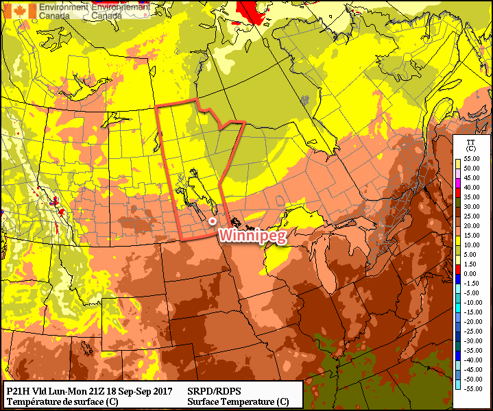 RDPS 2m Temperature Forecast valid 21Z Monday September 18, 2017