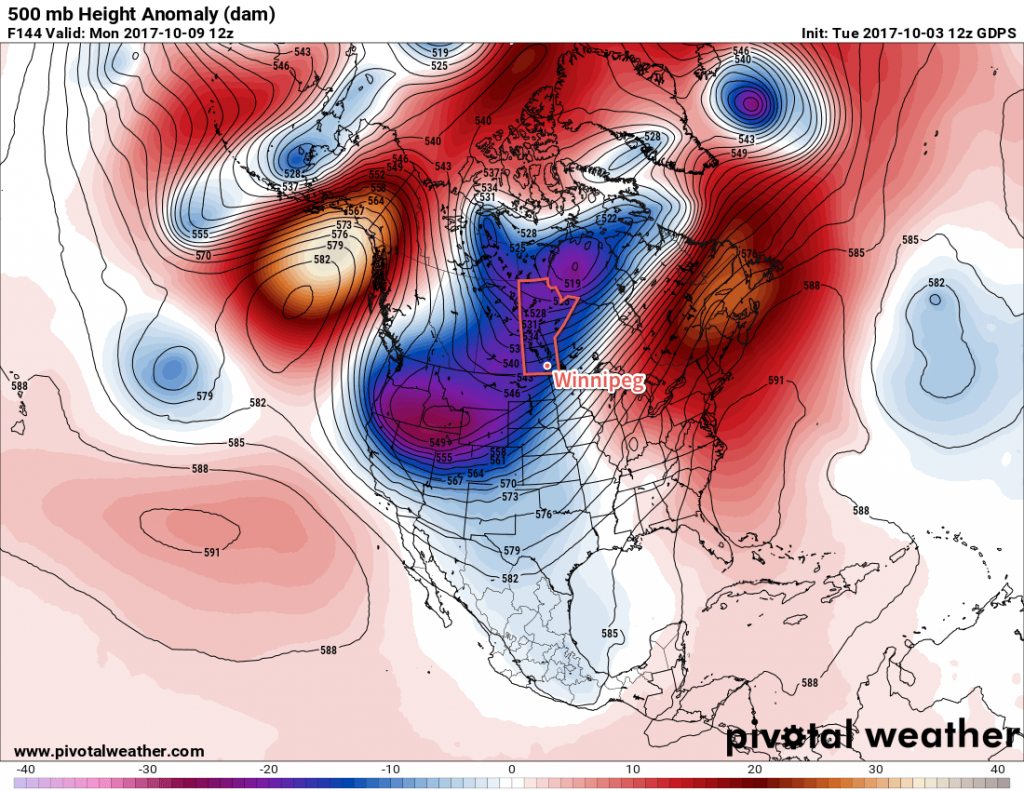 GDPS Forecast 500mb Height Anomaly valid 12Z Monday October 9, 2017