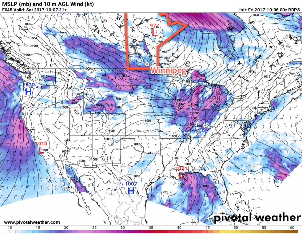 RDPS Forecast 10m Winds valid 21Z Saturday October 7, 2017