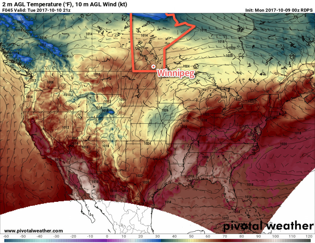 RDPS Forecast 2m Temperature valid 21Z Tuesday October 10, 2017