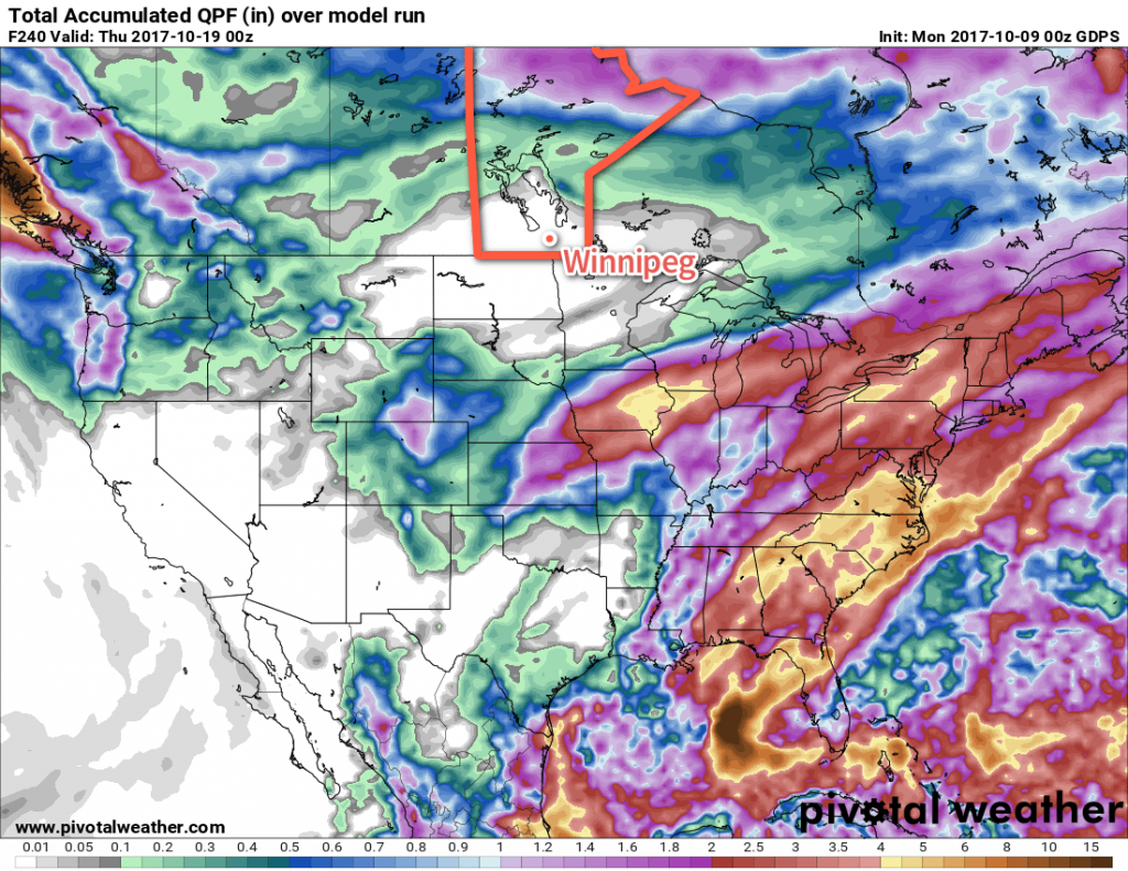 GDPS Total Precipitation Accumulation Forecast from 00Z Monday October 9 to 00Z Thursday October 19, 2017