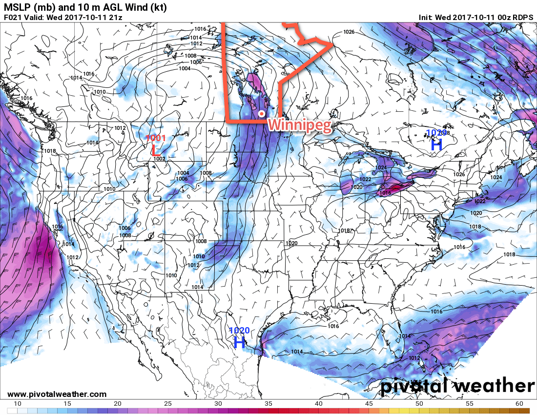 Breezy southerly winds (purple, pink) will be in place across southern Manitoba later today