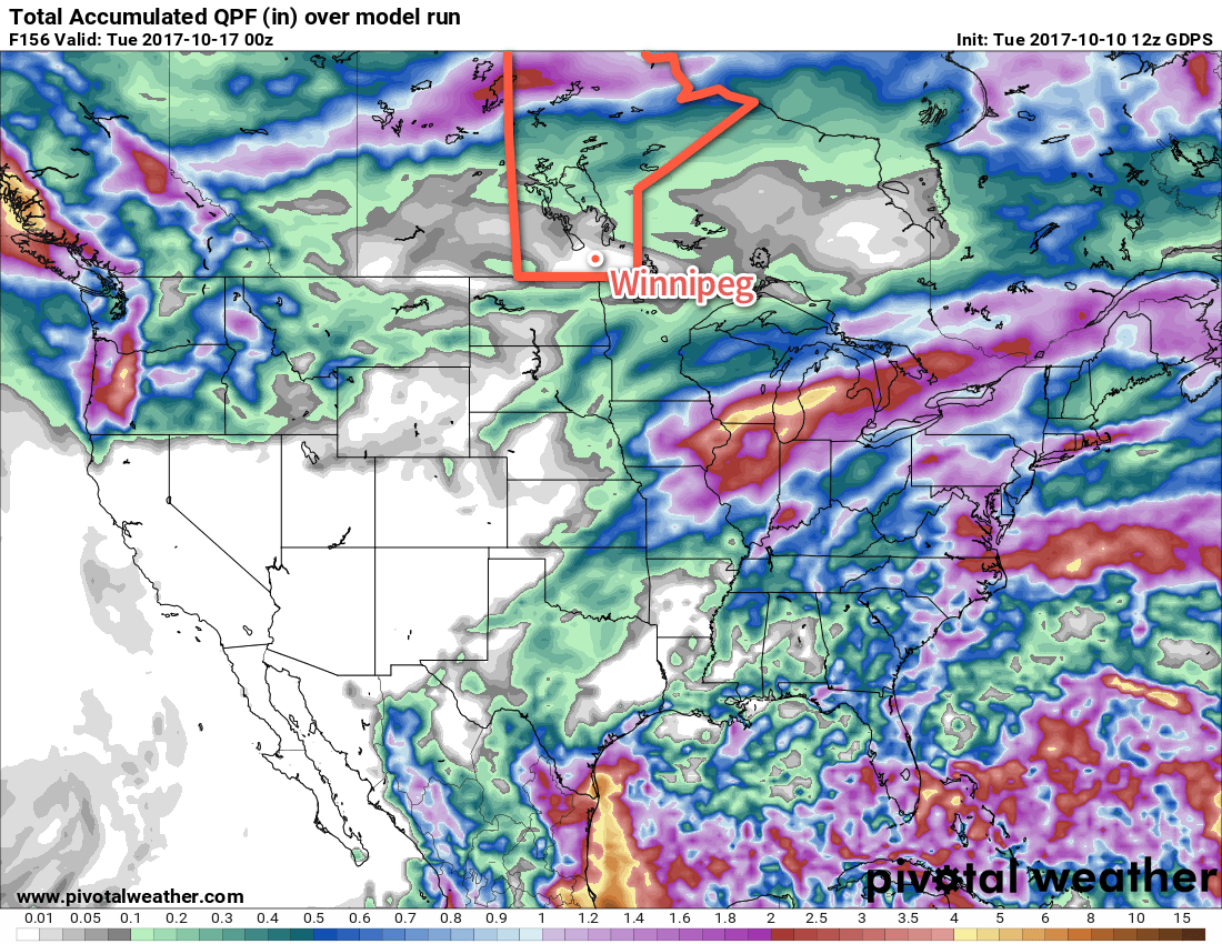 No precipitation is expected in Winnipeg between now and next Monday