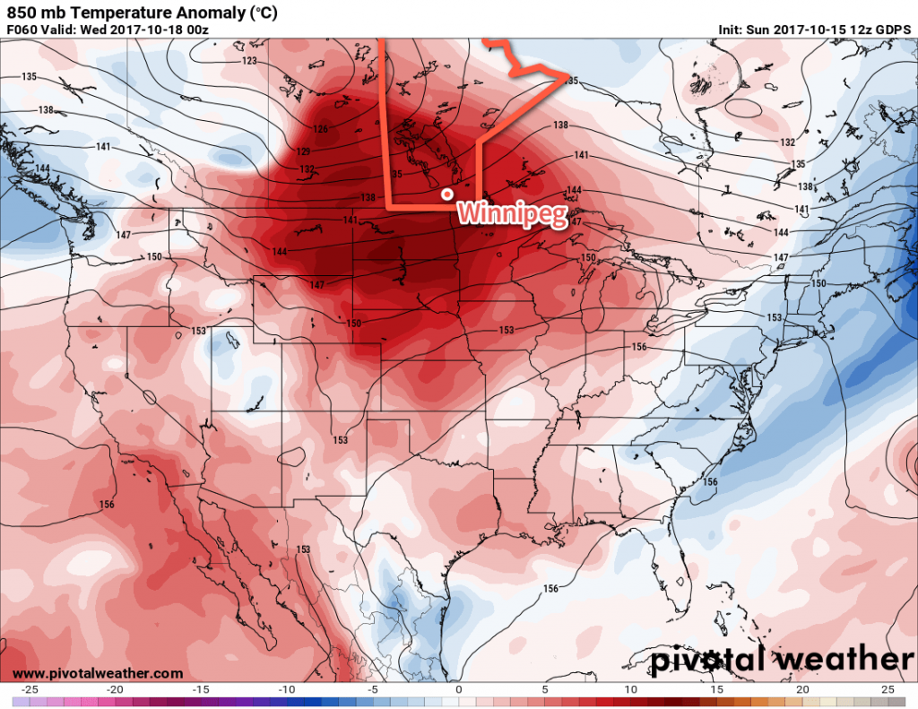 GDPS Forecast 850mb Temperature Anomalies valid 00Z Wednesday October 18, 2017