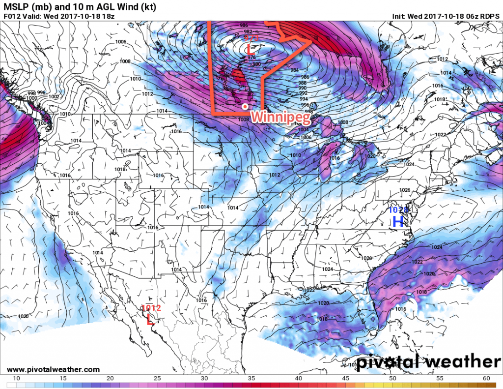 RDPS Forecast 10m Wind Speed valid 18Z Wednesday October 18, 2017