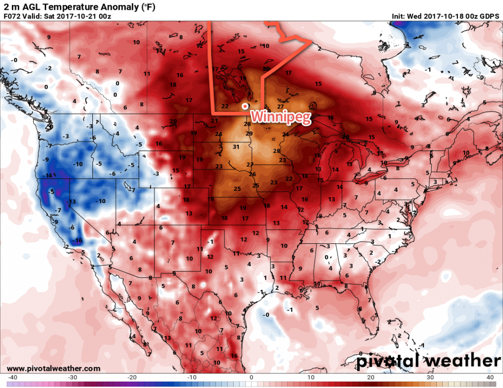 GDPS Forecast 2m Temperature Anomaly valid 00Z Saturday October 21, 2017