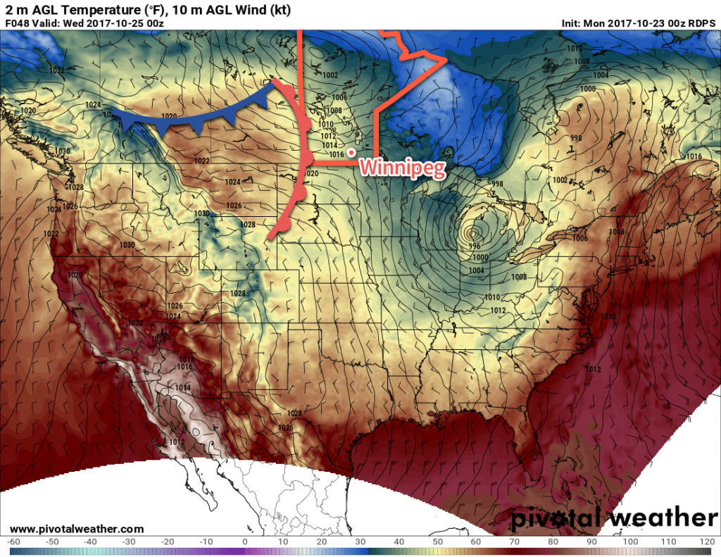 RDPS 2m Temperature Forecast valid 00Z Wednesday October 25, 2017