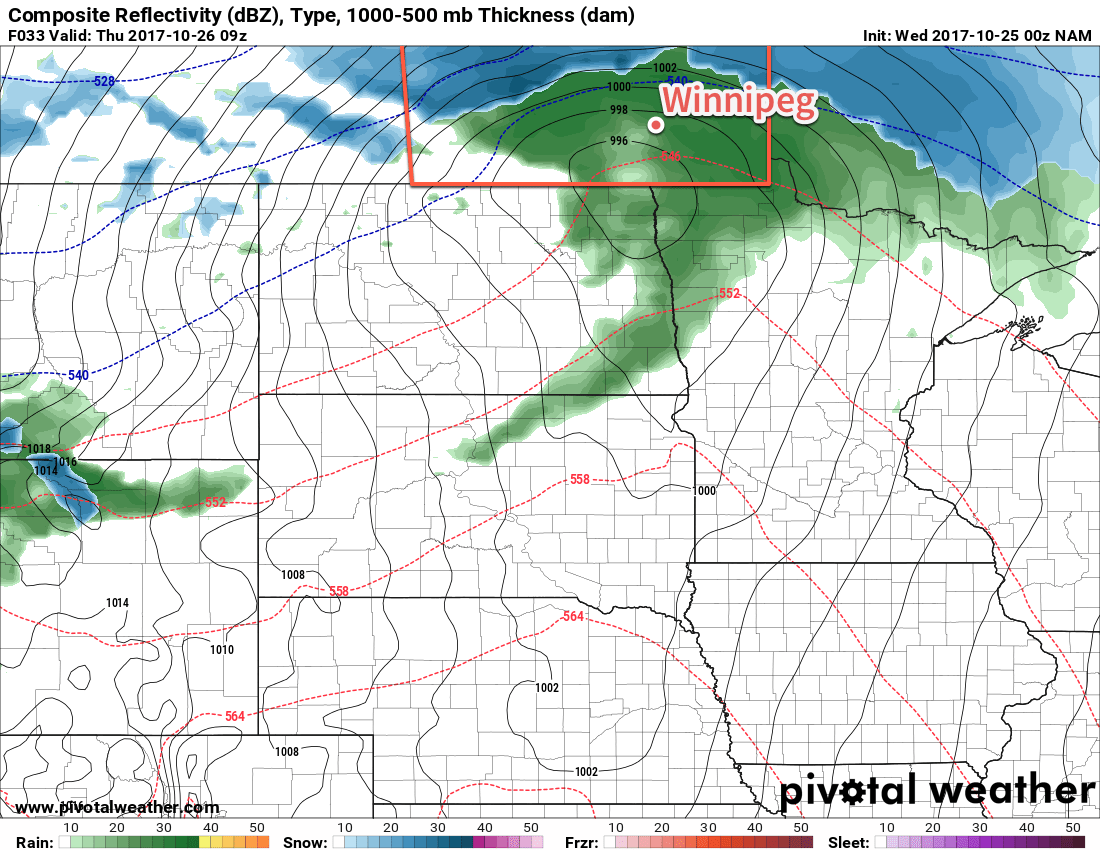 NAM Forecast Precipitation Type and Intensity valid 09Z Thursday October 26, 2017
