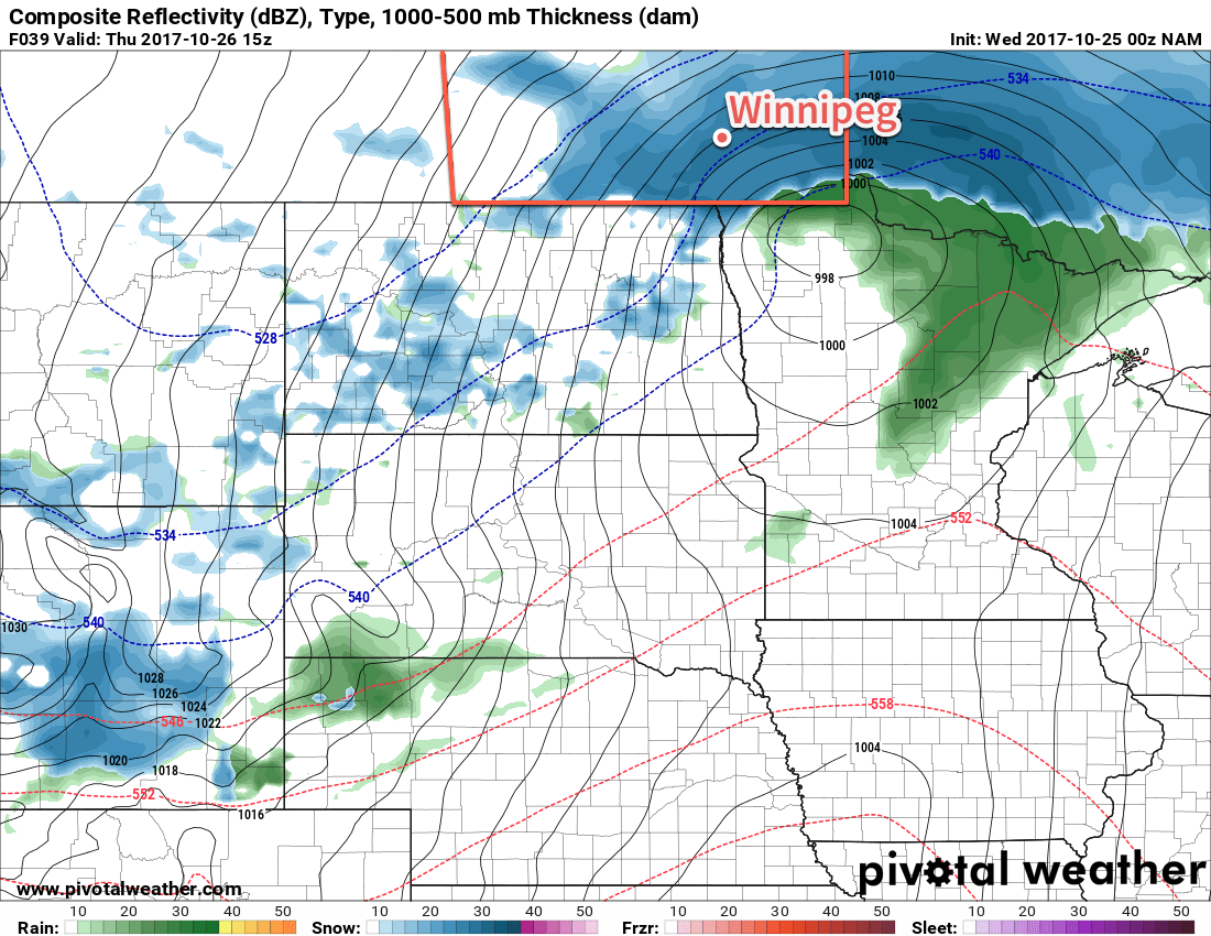 NAM Forecast Precipitation Type and Intensity valid 15Z Thursday October 26, 2017