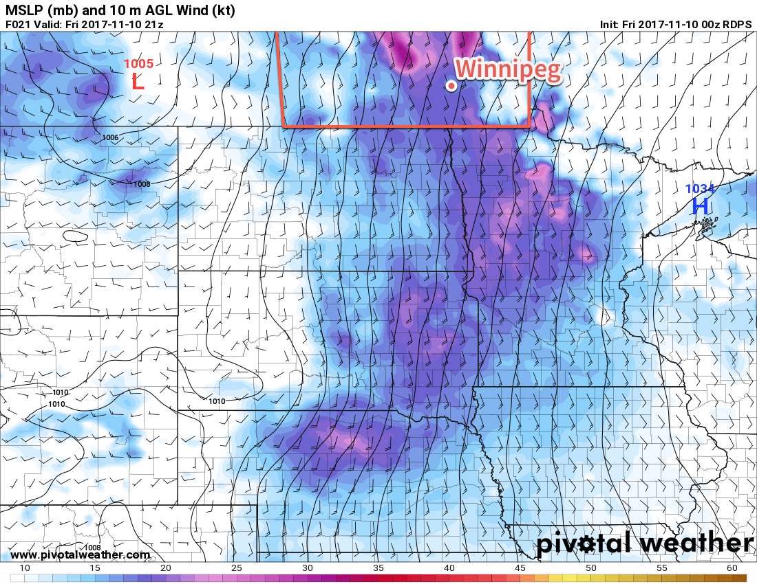 RDPS Forecast 10m Winds valid 21Z Friday November 10, 2017