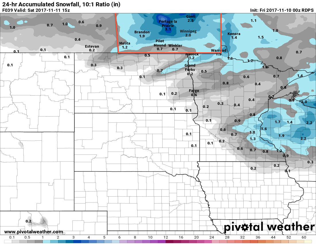 RDPS Forecast 24hr. Snowfall valid 15Z Saturday November 11, 2017