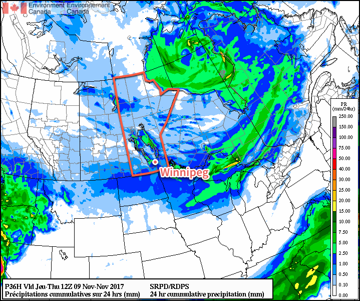 RDPS Forecast 24hr. QPF valid 12Z Thursday November 9, 2017