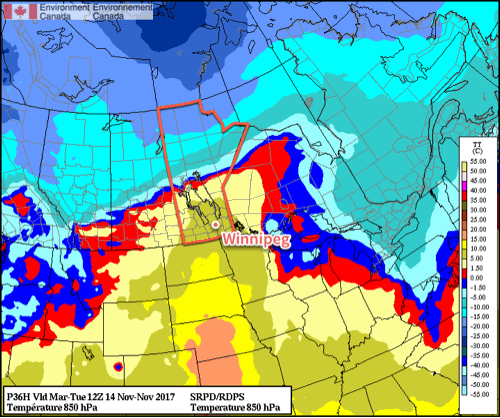 RDPS Forecast 850mb Temperatures valid 12Z Tuesday November 14 to 00Z Wednesday November 15, 2017