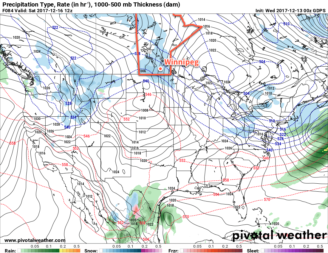 GDPS Forecast Precipitation Type and Rate valid 12Z Saturday December 16, 2017