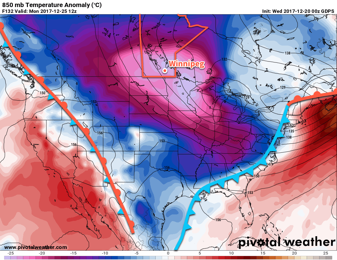 GDPS Forecast 850mb Temperature Anomaly valid 12Z December 25, 2017