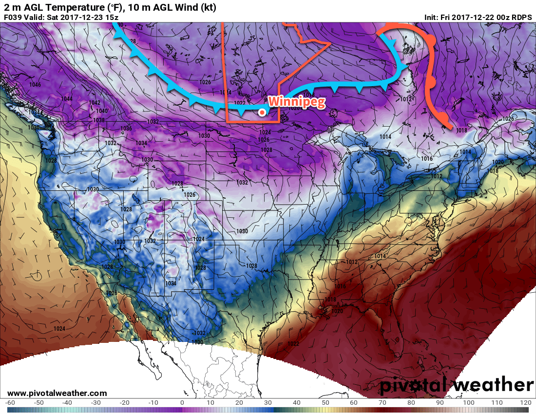 RDPS 2m Temperature Forecast valid 15Z Saturday December 23, 2017